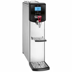 This WARING COMMERCIAL hot water dispenser has a 5-gallon capacity and requires a direct plumbing connection for automatic refill. It operates on 120V AC and is finished in silver. Designed for countertop installation, it provides a continuous supply of near-boiling water for foodservice applications such as tea, coffee, soups, and instant foods.