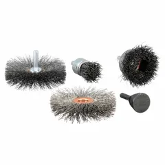 This kit includes a 3-inch crimped steel wire wheel brush for use with drills and die grinders. It is suited for surface preparation, cleaning, and deburring tasks on metal parts.