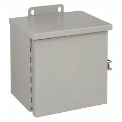 This WIEGMANN steel enclosure measures 8 x 8 x 6 inches and is rated NEMA 3R for outdoor use. It features a hinged solid cover with a padlock hasp for security, a painted finish, and includes knockouts for conduit entry. Suitable for protecting electrical controls, terminals, and instruments from rain and sleet.