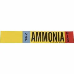This ammonia adhesive pipe marker is designed for VAP-phase, high-pressure ammonia piping systems. It fits pipes with an outer diameter of 8 inches and larger, and is supplied without arrows. The marker meets IIAR specifications for industrial ammonia piping identification.