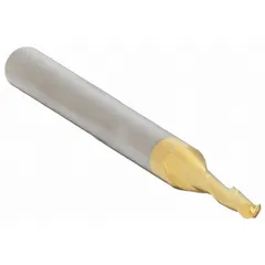 Carbide ball end mill with TiN coating for reduced friction and extended tool life. Two-flute design with 1/64" mill diameter, 3/64" length of cut, and 1-1/2" overall length. Suitable for precision contouring, 3D profiling, and slotting in hard materials.