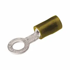 Nylon-insulated ring terminal for terminating 12-10 AWG wire to a 3/8 in stud. Rated 600 V with yellow insulation. Funnel entry design aids wire insertion. Used in electrical panels, machinery, and control cabinets.
