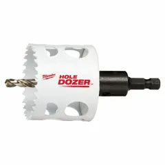 Bi-metal hole saw with attached arbor for cutting wood, metal, and plastic. Features 3/5 teeth per inch and 1-5/8 in maximum cutting depth. Suitable for electrical, plumbing, and HVAC installations.