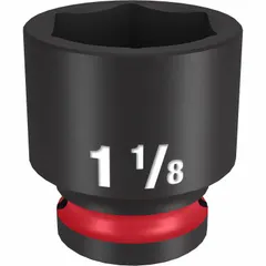 This 1/2" drive impact socket features a 1-1/8 in SAE 6-point configuration for use with impact tools. Designed for fastening and loosening heavy-duty bolts and nuts in automotive, construction, and industrial applications.