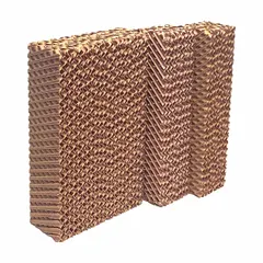 Cellulose evaporative cooling pads for agricultural and horticultural applications. Each pad measures 22 inches in height, 26 inches in width, and 6 inches in depth. Sold as a pack of 3 pads. Used in evaporative cooling systems to lower air temperature through water evaporation.