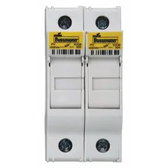 The BUSSMANN CHPV2U is a 2-pole, finger-safe fuse block designed for solar photovoltaic applications. It mounts on DIN rail and uses box lug termination, providing overcurrent protection in DC combiner boxes and distribution systems. Accepts Class R or midget fuses.