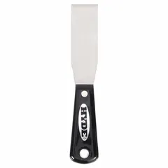 This standard scraper features a stiff, straight carbon steel blade with a straight, standard-end shape. The nylon handle provides a secure grip. Suitable for general scraping tasks such as removing putty, paint, and adhesives from flat surfaces.