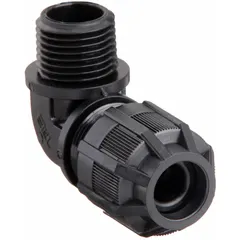 This 90° nylon cable grip provides a liquid-tight seal for cable entry into electrical enclosures, junction boxes, or control panels. It features a 1/2 in MNPT box connection and accepts cord diameters from 0.13 in to 0.38 in. The black nylon body is rated IP65 for protection against dust and water jets.