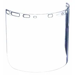 Clear, uncoated polycarbonate replacement visor for face shield assemblies. Provides impact protection and optical clarity in industrial environments such as machining, material handling, and maintenance. Overall height 9 in.