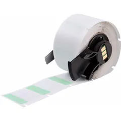 Green matte vinyl wraparound label measuring 1 in x 1 in, designed for wire gauges from 16 AWG to 8 AWG. Compatible with BMP71 printer series and requires M7-R4300 ribbon. Used for permanent identification of wires in control panels, electrical cabinets, and cable management systems.