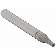 Solid carbide ball end mill with TiCN coating for extended tool life. Four flutes provide efficient chip evacuation. 3/64" cutting diameter, 3/32" length of cut, 1-1/2" overall length. Suitable for contouring, slotting, and profiling in ferrous and non-ferrous materials.