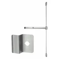 This rim-type exit device features a touchbar for push-pad release and a night latch outside trim for key-locking from the exterior. Constructed of aluminum, it is designed for doors up to 4 ft wide and meets ADA compliance. Suitable for commercial, institutional, and industrial facilities requiring code-compliant egress.