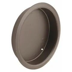 This round recessed handle is made of steel with an Aged Bronze finish. It features unthreaded holes for mounting and is supplied as a single piece. Suitable for use on cabinet trays and drawers where a flush, low-profile grip is required.