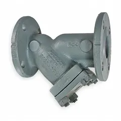 This 4-inch flanged Y strainer features a perforated 304 stainless steel screen with 0.062-inch openings and a 316 tanged Graphoil seal. It is designed to remove debris from steam, water, or process fluids in industrial piping systems, protecting downstream equipment from particulate contamination.