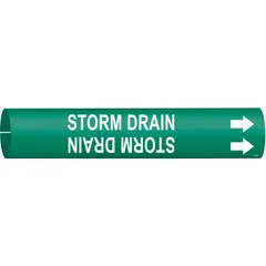 Green pipe marker with white legend and directional arrows for identifying storm drain pipes. Fits pipe outer diameters from 1-1/2 to 2-3/8 inches. Used in piping systems to indicate flow direction and pipe contents for safety and compliance.