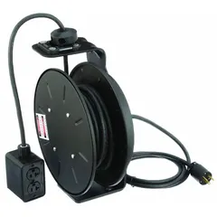 Self-retracting cord reel with 50 ft of 12 AWG SJOW cable. Feeder cord terminates in a NEMA 5-20P plug; retractable cord ends with a NEMA 5-20R receptacle. Suitable for organizing extension cords in workshops, warehouses, and industrial settings.