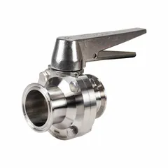 This 3-A certified butterfly valve features a 316L stainless steel body and disc with an average surface roughness (Ra) of ≤ 32 micron, suitable for sanitary flow control in food, dairy, beverage, and pharmaceutical processing lines. The lever handle offers 13 stop positions for precise throttling, and the clamp connection enables quick installation and disassembly. Rated for 140 psi CWP, it provides reliable on-off service in hygienic applications.
