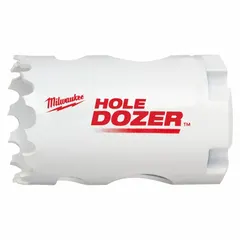 Bi-metal hole saw for cutting wood, metal, and plastic. Features 3.5 teeth per inch and a maximum cutting depth of 1 5/8 in. Designed for use with a separate arbor (not included). Suitable for general construction and installation tasks.