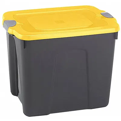 DURABILT Storage Tote: 10 gal, 19 in x 15 3/4 in x 13 1/4 in, Black Body, Yellow Lid - Colored Totes with Latch-On Lids