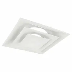This ceiling-mounted lay-in diffuser is constructed of white plastic with a square cone design. It measures 23 3/4 inches square and connects to a 14-inch duct. The unit is non-insulated and does not have adjustable blades. Typical applications include distributing conditioned air in commercial HVAC systems where a clean white finish is desired.