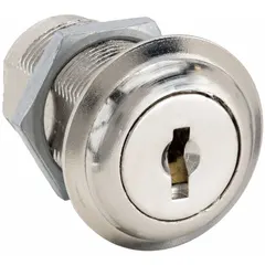 This keyed cam lock is constructed of zinc die-cast with a nickel finish. It operates with a quarter-turn clockwise unlock motion and is master keyed for use in systems requiring multiple locks under one key. Typical applications include securing cabinets, panels, and enclosures in industrial and commercial settings.