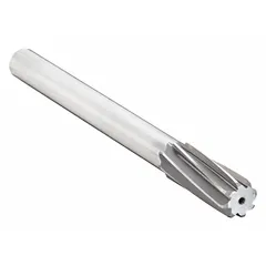 This chucking reamer features a spiral flute and is made of high-speed steel. It is used for enlarging and finishing pre-drilled holes to precise diameters in metalworking. The right-hand cutting direction and spiral-flute design provide efficient chip evacuation and a smooth finish in machining operations.