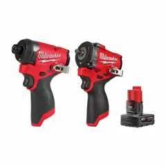 This kit includes a 12V impact driver (model 3453-20) and a 12V impact wrench (model 2562-20) along with one battery (model 48-11-2460). Designed for fastening and loosening bolts, screws, and nuts in assembly, maintenance, and repair tasks. The 12V DC system offers portability for work in confined spaces.