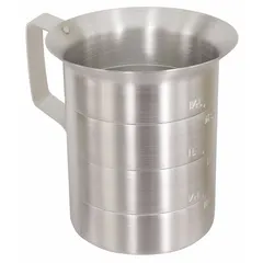 This 4-quart liquid measuring cup is constructed from gray aluminum and is NSF Certified for commercial use. It features a 4-quart graduation subdivision for accurate volume measurement. Suitable for use in commercial kitchens and foodservice operations for measuring and dispensing liquids.