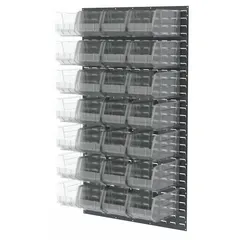 This wall-mount louvered panel provides organized storage for small parts in industrial environments. The gray powder-coated steel panel measures 61 in x 36 in x 8 3/4 in and includes 24 clear Hang and Stack bins on one side. Bins are removable and stackable for flexible part access.