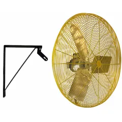 This HESSAIRE industrial wall-mount fan features a 24-inch blade diameter and a 1/3 hp motor operating on 115V AC. It offers two speeds and a non-oscillating, fixed-position airflow via an arm mounting design. Suitable for workshops, warehouses, and manufacturing plants where directed ventilation is needed.