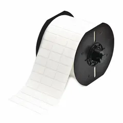 Vinyl wraparound label for permanent identification of wires from 20 AWG to 8 AWG. Black print on white background. Compatible with i3300 printer series; requires ribbon B30-R6200. Used for cable marking in industrial panel building and electrical maintenance.