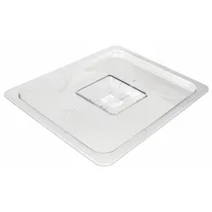This half-size pan cover is designed for standard steam table pans in commercial foodservice settings. With a 1/2 in overall depth, it is NSF Certified and dishwasher safe for repeated cleaning. Suitable for use in cafeterias, restaurants, and institutional kitchens.