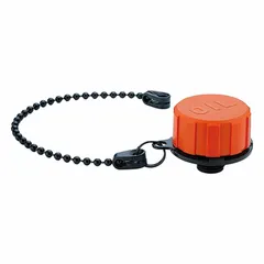 Tethered breather vent without filter, with 1" BSPP thread, 46 mm overall diameter, and 200 mm nominal tether length. Body in polyamide, tether in black POM-based technopolymer. Used on hydraulic reservoirs and gearboxes to equalize pressure and prevent splash ingress.