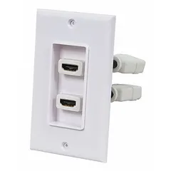 White plastic wall plate with two HDMI ports in a flat, vertical module style. Provides a clean cable management solution for connecting audio/video equipment in residential or commercial settings.