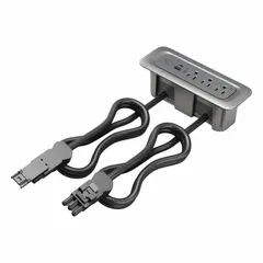 Rectangular recessed-mount furniture power strip with three 5-15R tamper-resistant receptacles and a Type C USB connector. Includes a 3 ft power cord. Gray finish. Suitable for integration into desks, workstations, or conference tables to provide power and USB charging at the work surface.
