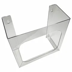 Wall-mounted dispenser for boxed shoe covers, made of clear PETG. Dimensions 11 3/8 in x 5 1/4 in x 11 7/32 in. Features open front and open top dispensing, holds up to 100 shoe covers in a single-box layout. Printed text reads 'Shoe Covers'.