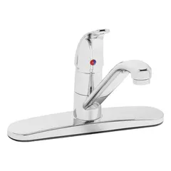 Metal single-post kitchen faucet with low arc design and chrome finish. Designed for deck mounting with three mounting holes. Suitable for commercial or institutional kitchens and light industrial washdown areas.