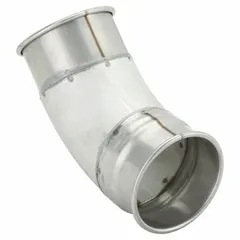 This 45° elbow is designed for use in ductwork systems to change airflow direction. It fits 4 in duct diameter, has a 4 in outlet diameter, and an overall length of 6 1/2 in. Suitable for industrial ventilation, dust collection, or exhaust applications.