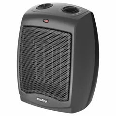 Portable electric heater with 1500W output and 2 heat settings. Gray housing, overall dimensions 7 in x 9-3/16 in x 6 in. Suitable for supplemental heating in offices, break rooms, or small workspaces.