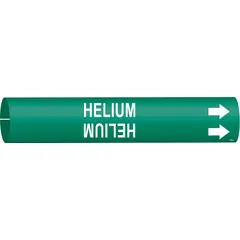 This snap-on pipe marker identifies helium lines in piping systems. It features a green background with white legend text and directional arrows. Designed to fit pipe outer diameters from 3/4 to 1-3/8 inches. Suitable for use in industrial facilities requiring clear pipe identification.