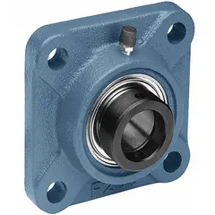 This flange-mount ball bearing has a 2 in cylindrical bore and a cast iron housing with an eccentric collar for secure shaft mounting. It is lubricated with NLGI #2 equivalent grease and uses 5/8 in mounting bolts. The overall length is 5 5/8 in. Typical applications include conveyors, fans, and pumps requiring radial load support.