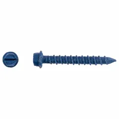 Hex-head concrete screw anchor with self-threading tip for fastening into concrete, brick, or block. Removable design with external hex drive. Steel construction, low material grade. Diameter: 1/4 in. Pack of 100.