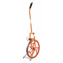 Mechanical measuring wheel with a 99,999 ft range, featuring a spoked single wheel with rubber tread and a steel frame. The adjustable handle folds for storage; operates without batteries. Measures in SAE (feet) units. Suitable for construction, surveying, landscaping, and telecommunications for linear distance measurement on rough terrain.