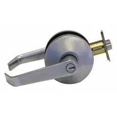 Storeroom lever lockset with Dane-style lever in satin chromium-plated zinc finish. ANSI F86 function allows key-only entry from outside and free egress from inside. ADA compliant for accessibility. Suitable for interior commercial doors requiring secure egress.