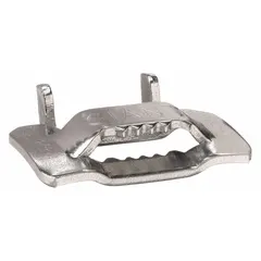 Clip-on buckle for building custom clamps, designed for 1 1/4 in band width. Constructed from 201/301 stainless steel. Suitable for bundling, mounting, or securing hoses, cables, and pipes in industrial applications.