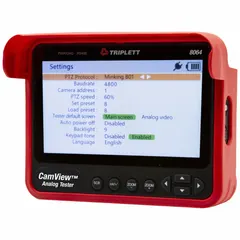 The TRIPLETT Camview Analog Camera Tester is a handheld field tester for video transmission diagnostics in CCTV systems. It features a 4.3-inch LCD with backlight and BNC input, supporting TVI camera systems. This tester is used by security installers to verify video signal integrity and camera functionality during installation and maintenance.