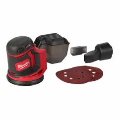 This bare-tool disc sander operates on the M18 18 V platform. It has a 5 in diameter hook-and-loop pad with a 3/32 in random orbital action, suitable for sanding wood, metal, and painted surfaces in woodworking, automotive bodywork, and general fabrication.