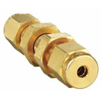 This double-ferrule brass compression fitting union connects two tubes of the same outer diameter in a straight line. It is suitable for use in industrial instrumentation, hydraulic, and pneumatic systems where leak-tight, vibration-resistant connections are required. Compatible with Parker A-LOK fitting brands