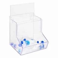 Clear PETG benchtop storage bin for organizing miscellaneous lab supplies. Overall dimensions: 8 5/8 in width, 9 1/8 in height, 8 3/4 in length. Suitable for holding small tools, consumables, or samples on a benchtop.