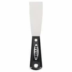 Standard spreading tool with a carbon steel blade and straight shape, mounted on a full-tang nylon handle. Designed for applying and smoothing putty, spackle, and similar compounds on surfaces in construction and maintenance tasks.